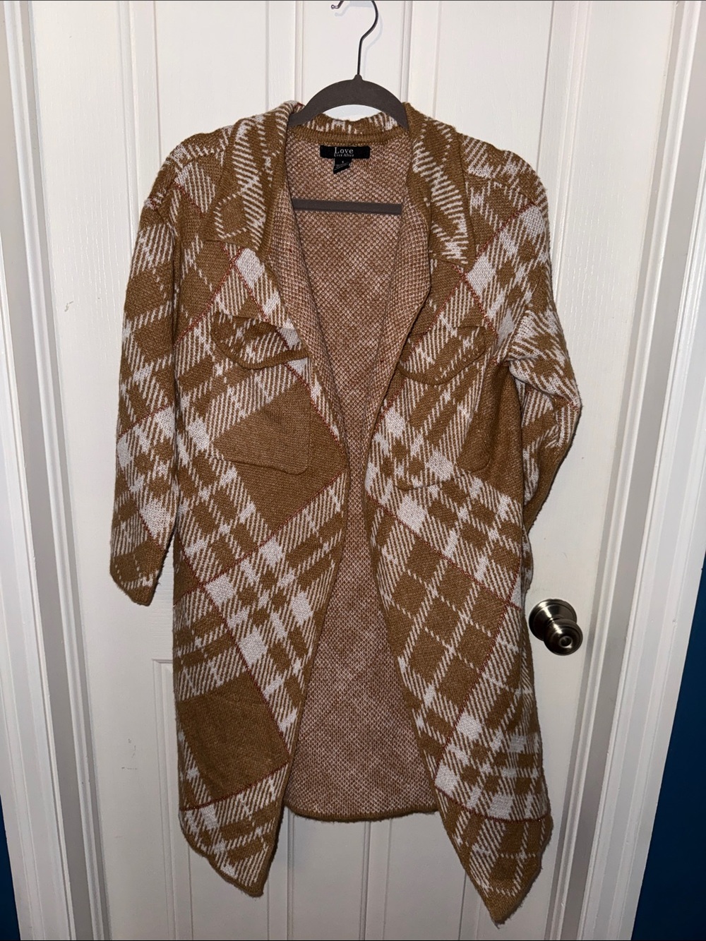 Love Ever After Camel and White Plaid Open Cardigan